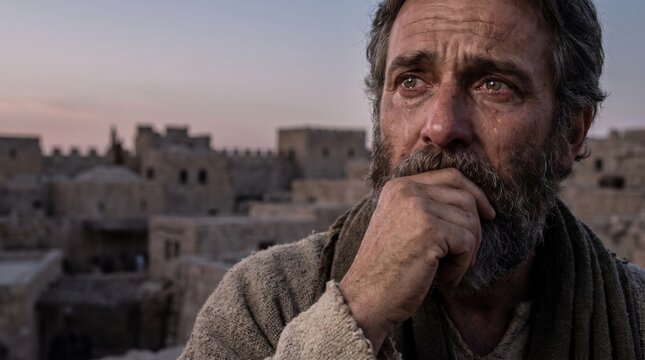 Crying man with tears in eyes looking to the sky over ancient biblical village. Portrait of sad thoughtful bearded man in historical