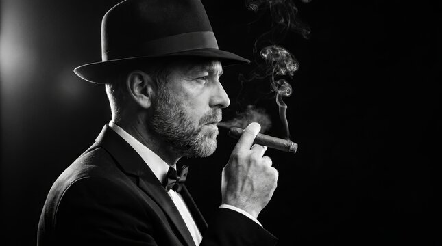 Portrait of a gangster in a hat and tuxedo smoking a cigar with smoke.