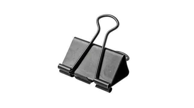Black Binder Clip Isolated on Transparent Background, Metal Paper Fastener for Office Documents, Stationery and File Organization