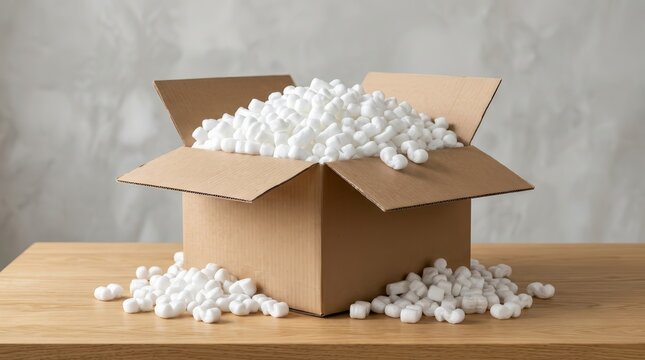 Cardboard shipping box with protective styrofoam pieces sitting on a wood table.