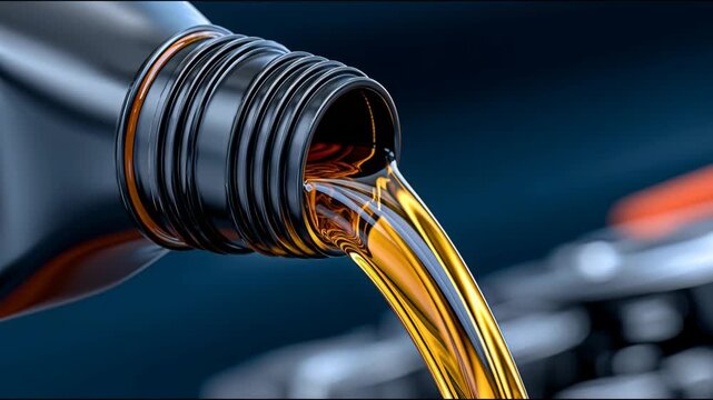 Oil is being poured from a bottle into a machine part in a workshop