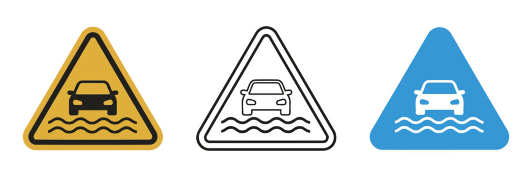 Set of road warning signs depicting a car on wavy water representing slippery road conditions with sign