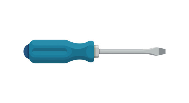Flat screwdriver with teal handle rests on a white background