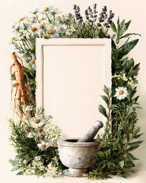 Vintage watercolor botanical border with medicinal herbs ginseng root and stone mortar framing blank paper card for apothecary card design and alternative medicine packaging background