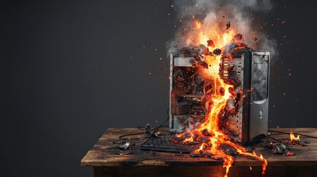 Desktop Computer Tower Exploding with Fire Flames and Overheating Hardware Failure