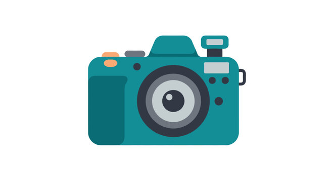 Teal camera illustration depicts a simplified digital photography device vector