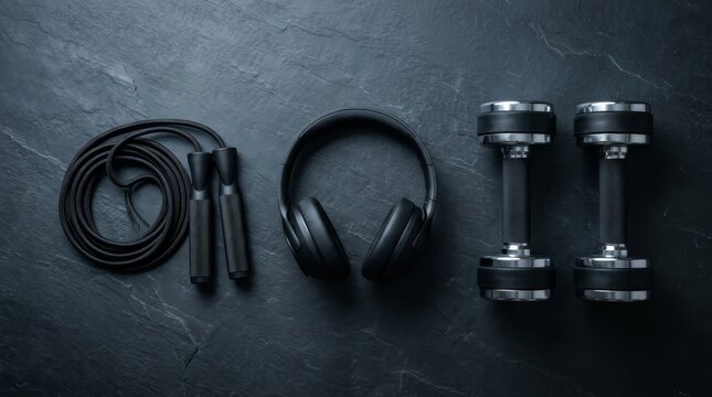 Fitness and workout equipment including dumbbells, headphones, and jump rope on a dark surface.