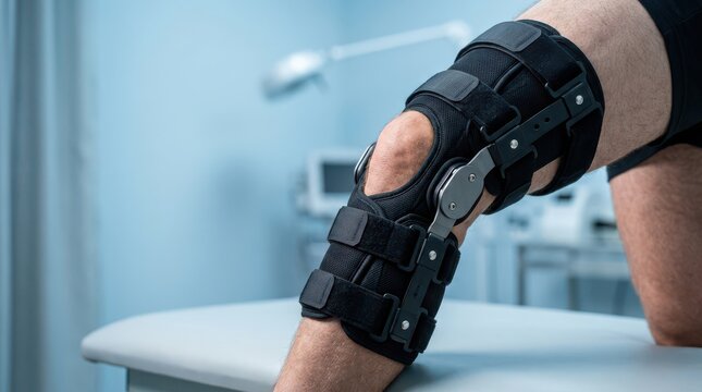 Person wearing black knee brace for support and protection