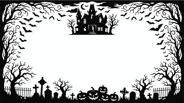 Halloween spooky vector frames. Haunted house silhouettes, bats. Cemetery and jack-o-lantern borders. Black and white gothic clip art design Halloween