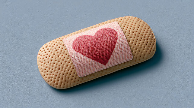 A beige adhesive bandage with a red heart shape is realistically displayed