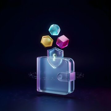 Premium 3D icon of a futuristic decentralized wallet storing digital assets securely, glassmorphism aesthetic, floating composition