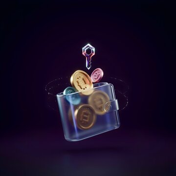 Premium 3D icon of a futuristic decentralized wallet storing digital assets securely, glassmorphism aesthetic, floating composition