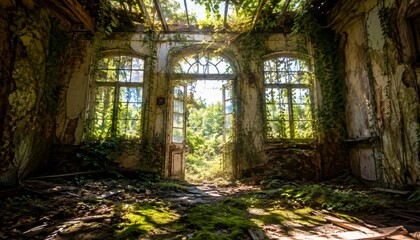 Fototapeta premium Abandoned interior reclaimed by ivy and sunlight
