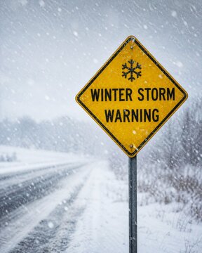 A yellow warning sign indicates a winter storm, set against a snowy, blurred background, highlighting hazardous road conditions.