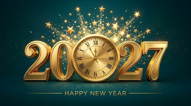 Golden clock striking midnight with 2027 new year numbers and festive star sparkles
