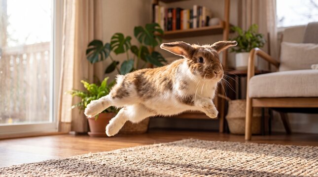 Pet Rabbit Jumping Midair in Cozy Living Room