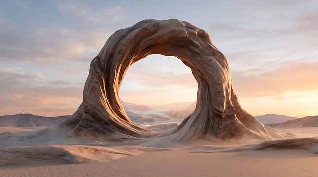 A surreal stone archway standing in the middle of a vast desert landscape under a beautiful soft golden sunset sky