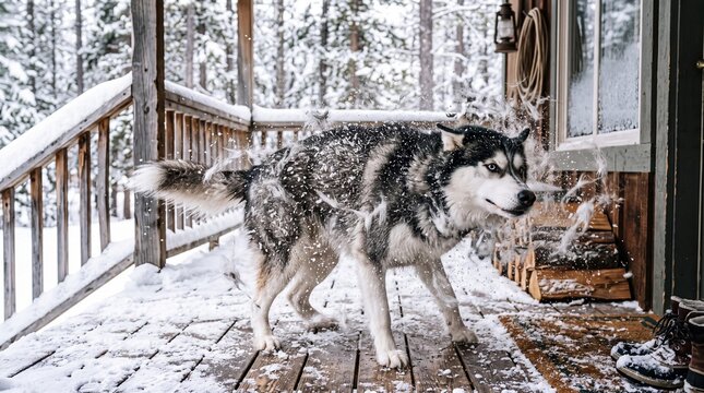 Husky Shaking Snow off Fur on Cabin Porch