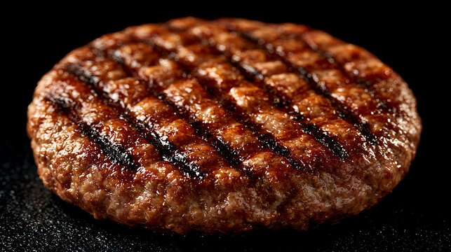 Grilled beef hamburger patty displays distinct char marks against a black background