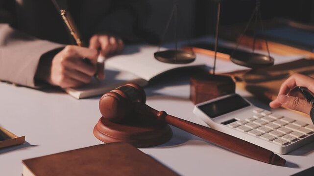 Legal advisor is explaining the offense under the law in the book at office.