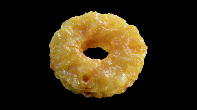 Pineapple ring slice with central hole is displayed on a black background