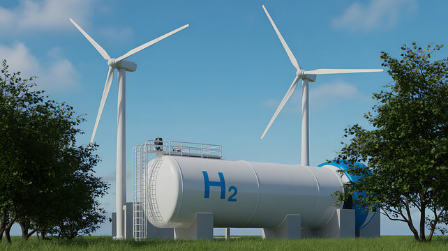 Industrial hydrogen storage tank with h2 branding situated in a green field with two large wind turbines under blue sky.