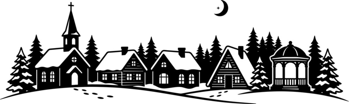 Village silhouette against a white background with a crescent moon
