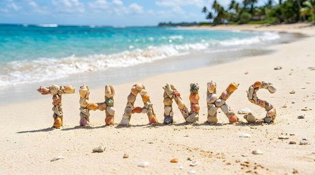A serene and picturesque thanksgiving scene unfolds on a tropical beach where the word 'thanks' is elegantly written in the sand evoking gratitude and