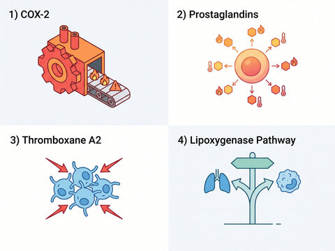 Biochemical pathways including COX-2 production, prostaglandins, thromboxane A2, and lipoxygenase pathway shown in a clean four-panel medical illustration.