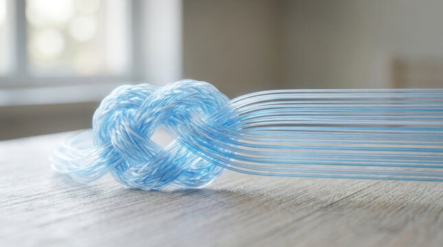 Blue fiber optic cable knot on wooden table with soft window light, close up abstract technology concept