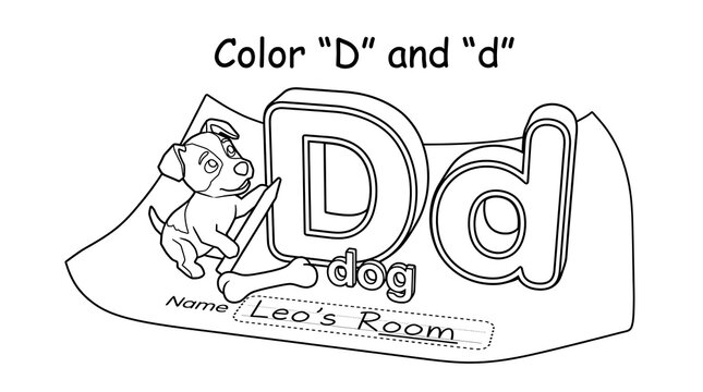 Letter D alphabet coloring worksheet for preschool children with a cute dog illustration.