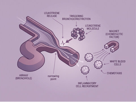 Airway bronchiole narrowing point during leukotriene release triggering bronchoconstriction and inflammatory cell recruitment via chemotaxis in a diagram.