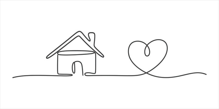 Continuous single line drawing of a simple house and a heart shape symbol icon