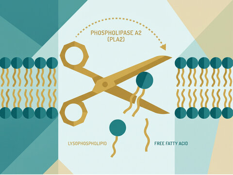 Phospholipase A2 enzyme cutting cell membrane phospholipids to release free fatty acid and lysophospholipid in a detailed biochemical reaction graphic.