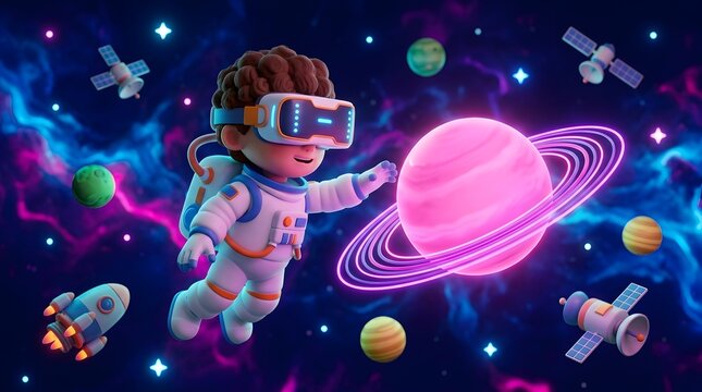Cartoon boy Wearing Virtual Reality Headset Exploring Cosmic Galaxy with Planet and Stars Illustration