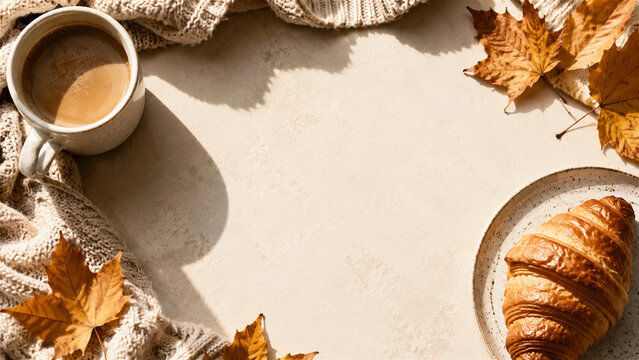 cup of coffee with croissant and autumn maple leaves on beige background with cozy knitted sweater. Flat lay with copy space. Fall season morning breakfast concept for blog banner and menu design