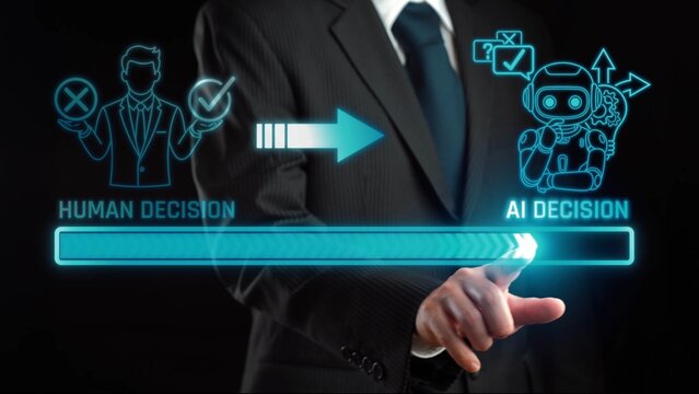 This image illustrates the contrast between human decision and AI decision-making, emphasizing technology impact on business processes and innovation in a digital age. Liminal