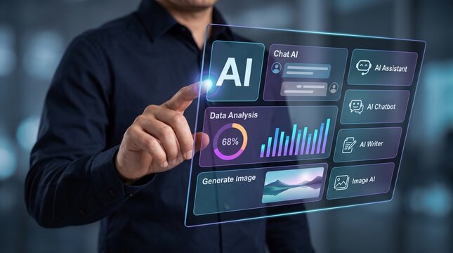 Man touching futuristic virtual screen with artificial intelligence interface showing chat AI chatbot data analysis and image generation tools