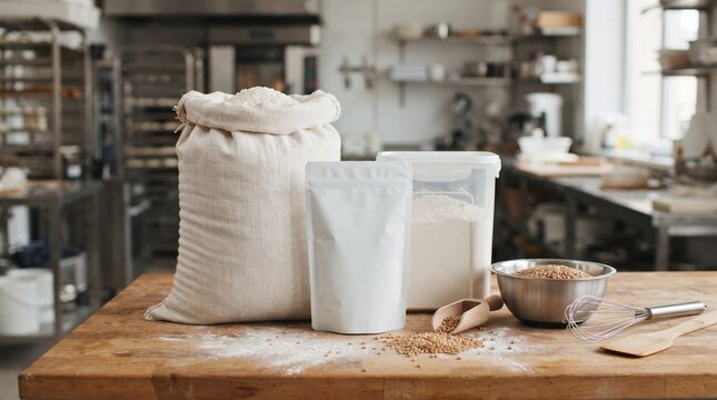 Baking ingredients in sacks and containers on a wooden table in a professional bakery