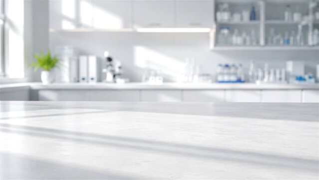 empty table over blurred laboratory interior background. White science lab room with microscope and glass flasks on shelves. Modern medical research and chemistry experiment concept with copy space