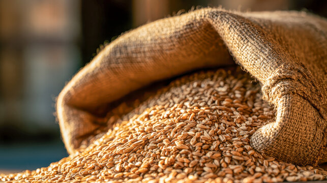 Golden wheat grain in an open jute sack with coarse woven texture in warm sunlight