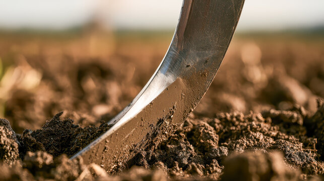 Steel plough share cutting through rough brown soil in a freshly tilled field in warm sunlight