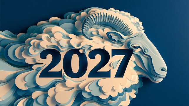 Year 2027 ram zodiac concept, paper cut style sheep illustration, lunar new year 2027 banner, blue and cream 3D layered art