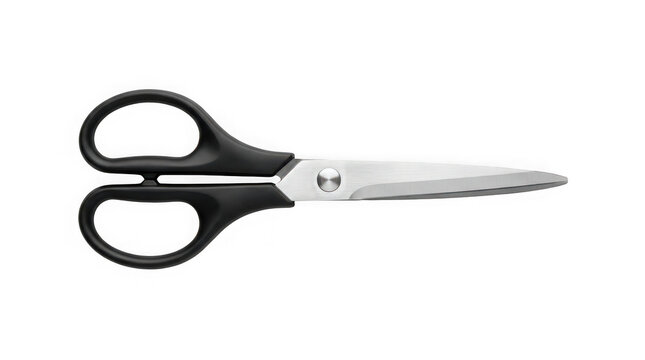 Black handled scissors with sharp stainless steel blades for cutting isolated on transparent background