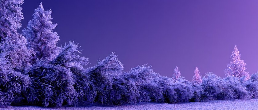 Snow covered fir trees on violet christmas background