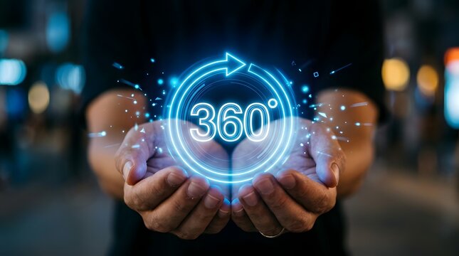 Two Hands Holding Glowing 360-Degree Icon