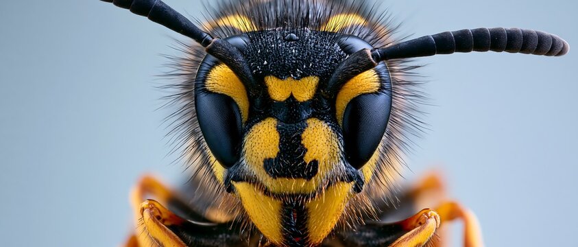 Extreme macro portrait closeup of aggressive wasp yellowjacket head showing compound eyes, mandibles, and antennae