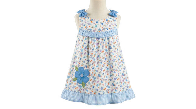 Charming white baby dress with blue floral pattern, gingham ruffles, and decorative bow straps isolated on transparent background