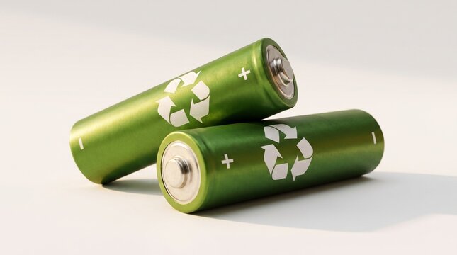 Green eco friendly rechargeable batteries featuring white recycle symbols lying on neutral clean background representing renewable clean sustainable energy source.