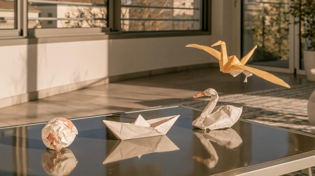 Paper origami sequence evolving from a crumpled ball to a bird, featuring creased textures on a reflective dark surface for innovation and growth concepts
